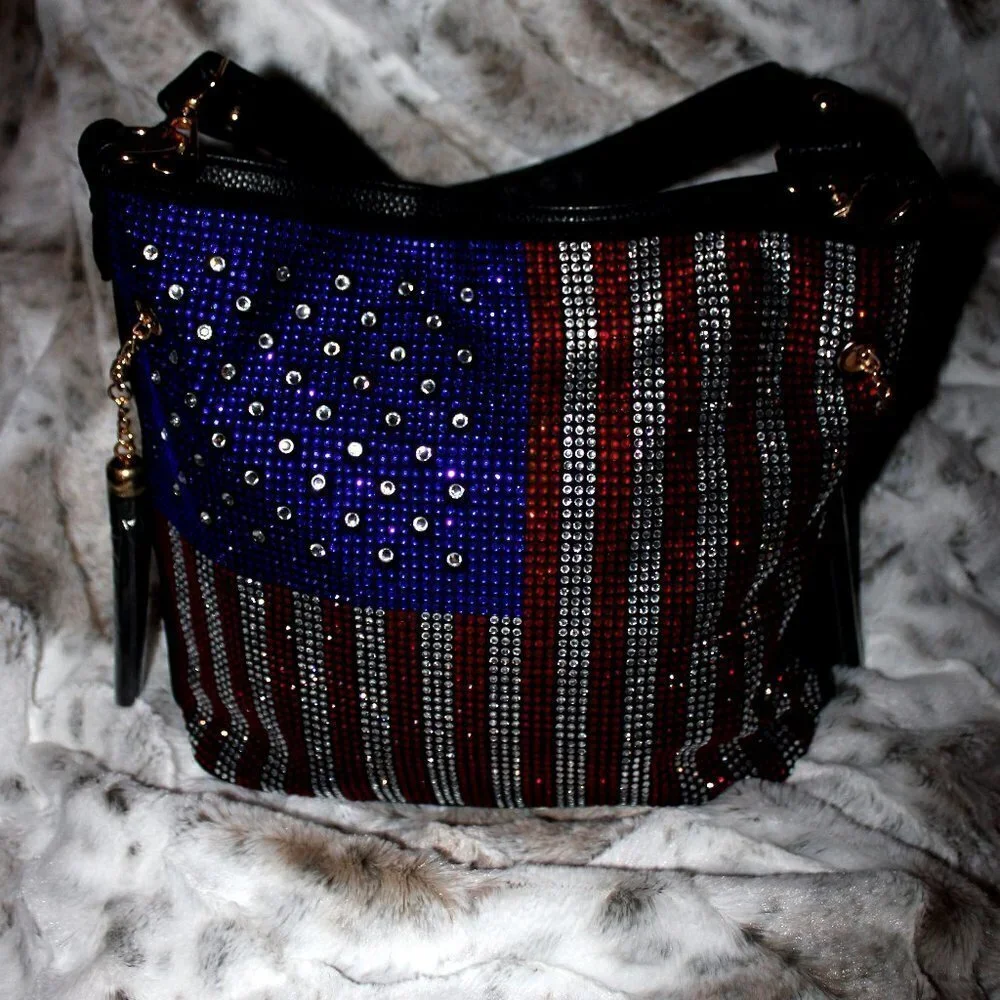American Flag Red White Blue Rhinestone Bling Black Hobo Crossbody Shoulder Bag